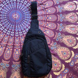 90s Black Silver Fanny Pack - Vintage Nylon Side Bag - Single Strap Shoulder Bag